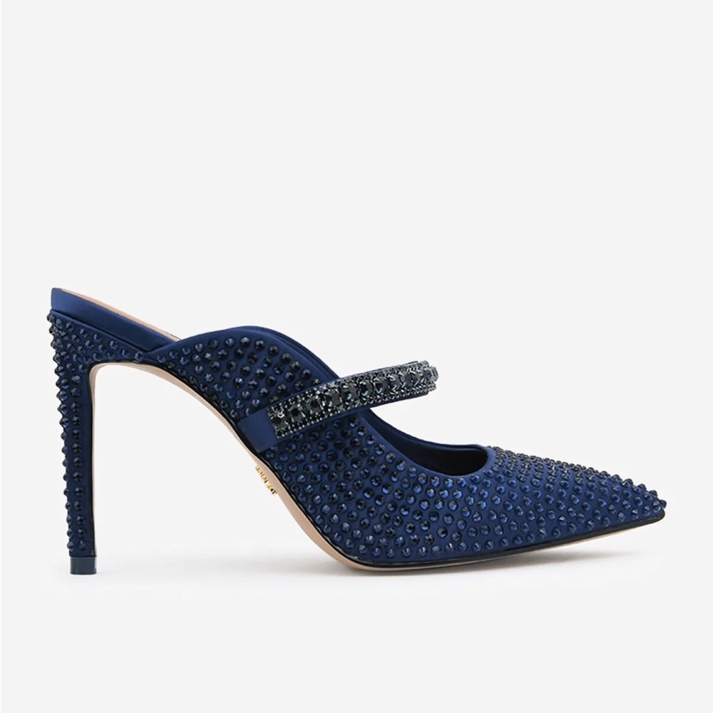 NEW Kurt Geiger Blue Duke Drench 100 Crystal-Embellished Mules Heels EU37